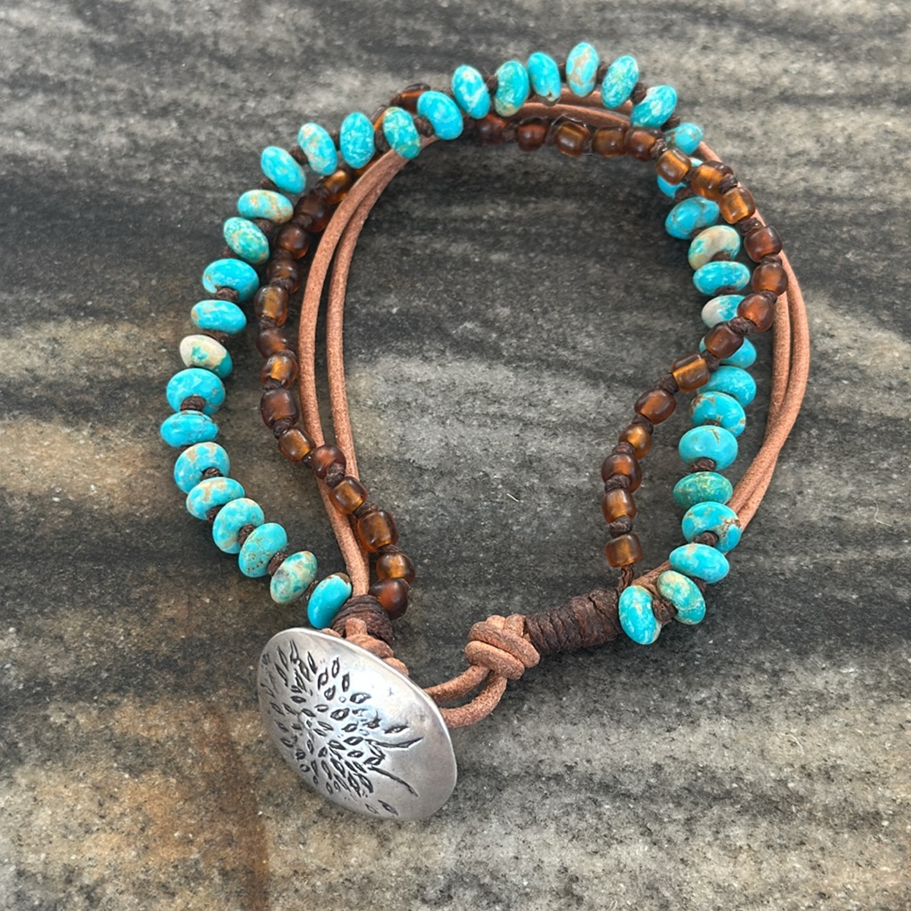 Jes Maharry One-Of-A-Kind “Grow Strong” Turquoise, Leather, And Amber Bracelet.